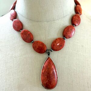 Lucas Lameth LUC 925 Sterling Silver Red Sponge Coral Necklace with Pendant